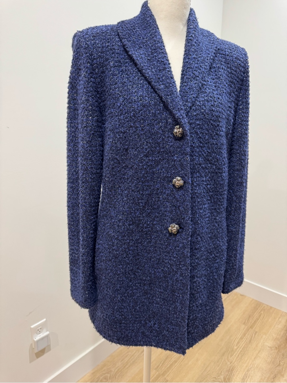 St. John Collection Textured Navy metallic Bouclé Blazer size 10 travel career